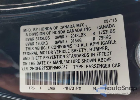 2015 Honda Civic Lx из США, поврежденный, VIN 2HGFB2F53FH562547